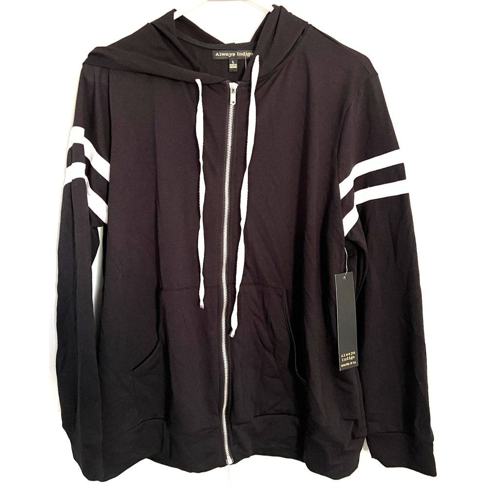 Always Indigo Hoodie Womens L Black Zip Up Hooded Sweatshirt Varsity Stripe